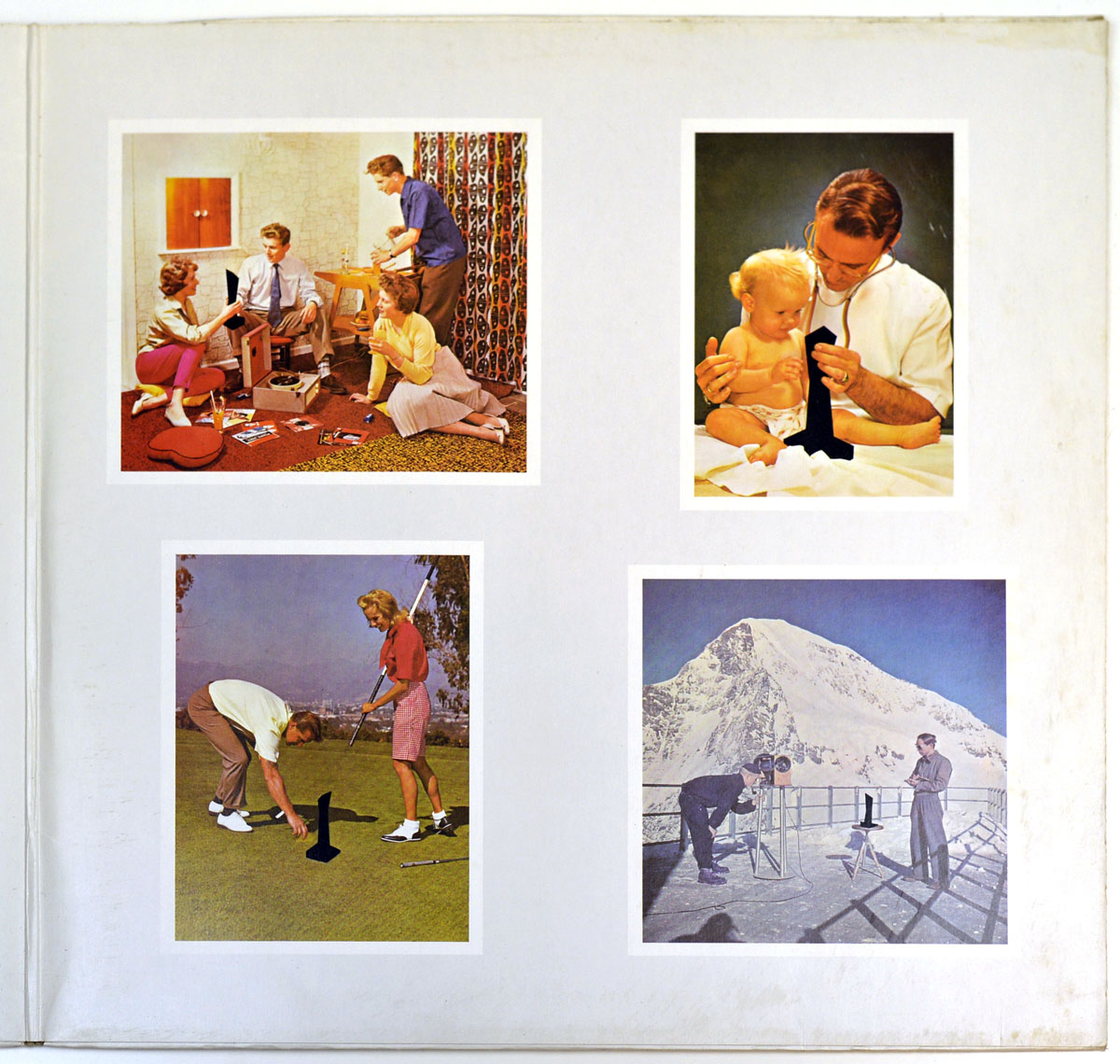 Interior artwork of Led Zeppelin's 'Presence' album, featuring four vintage-style photographs of a family assembling a dollhouse, a father and baby, a golfing scene, and an alpine observation deck, all incorporating the mysterious black object.